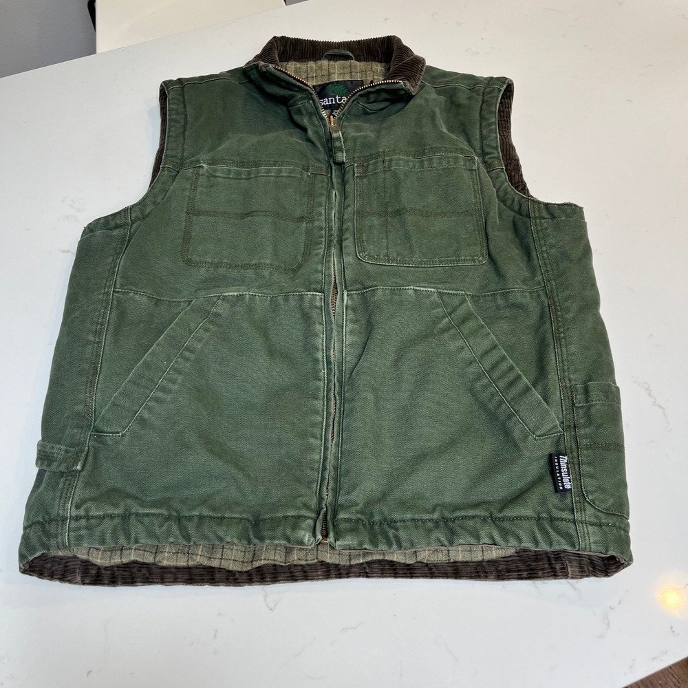 Santa Fe Mens Green Canvas Workwear Vest Thinsulate Insulated Plaid Lined Medium